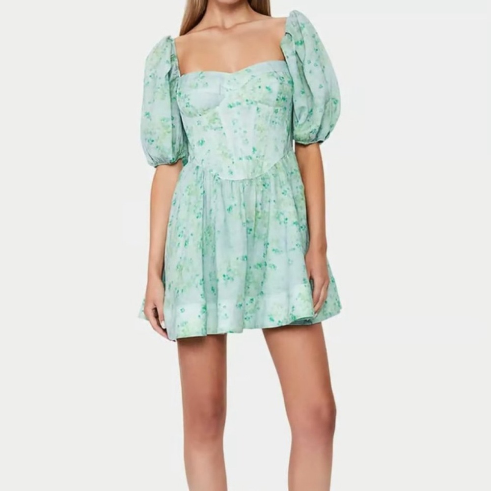 BARDOT Kiah Corset Puff Sleeve Mini Dress Green Floral NWOT